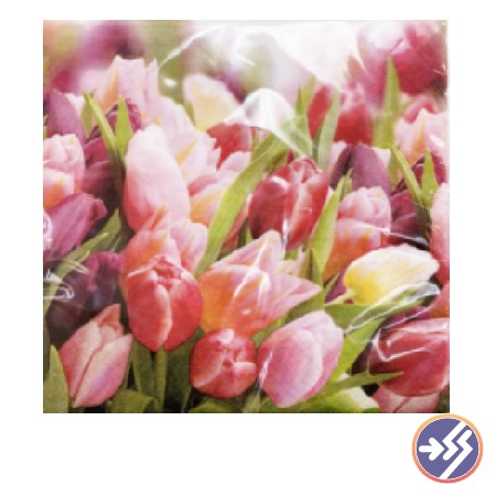 GUARDANAPO DECORADO TULIPAS ROSAS ROXAS COM 20UND